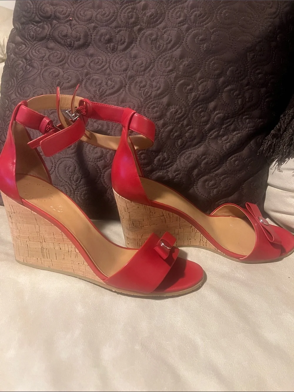 Marc Jacobs Red Leather Ankle-Strap Wedge Sandals with Bow Accent
